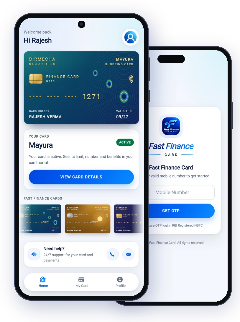 Fast Finance Card app on a phone: the home screen with your card, and the sign-in screen
